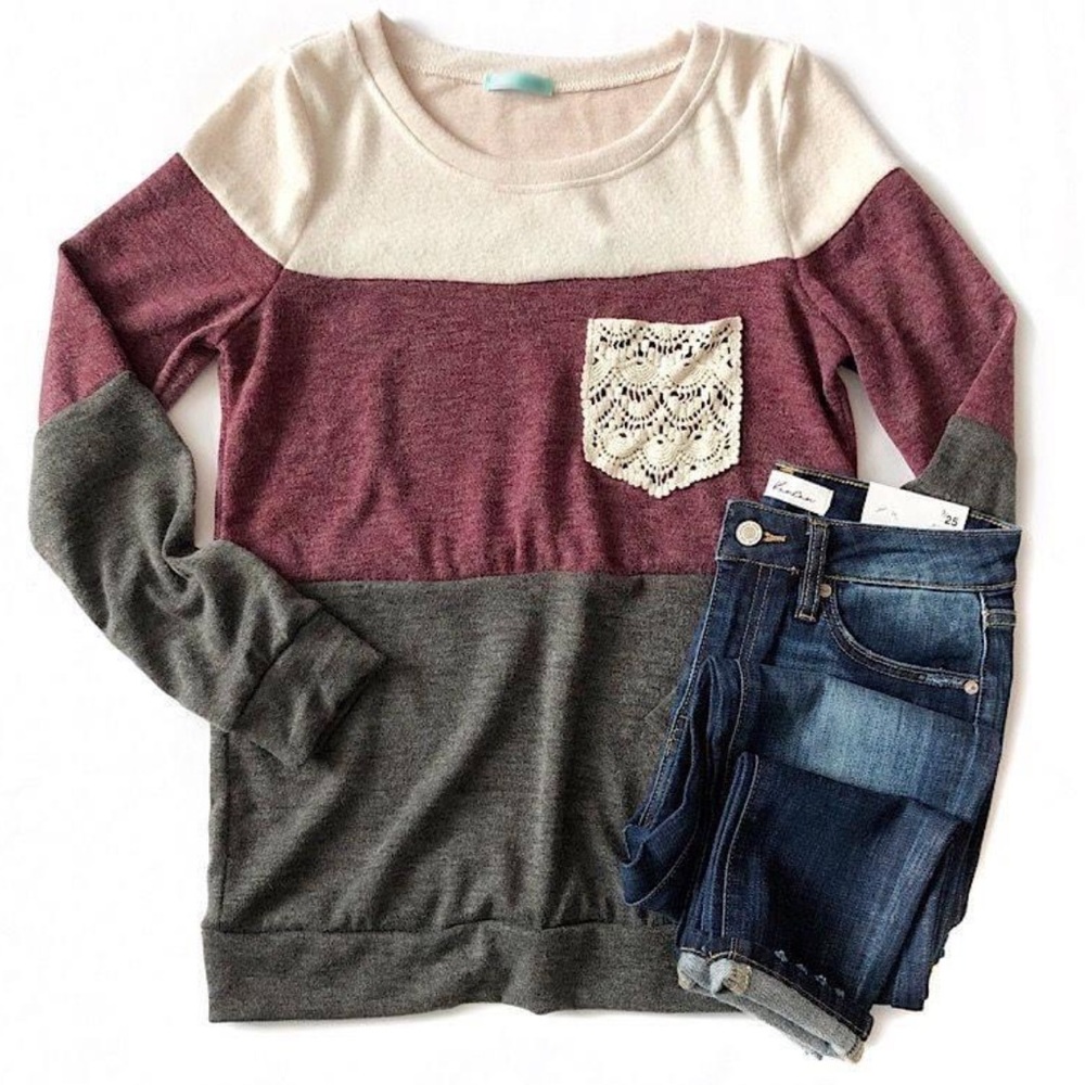 Soft lace pocket sweater - ivory, plum/wine, gray, color block, size small